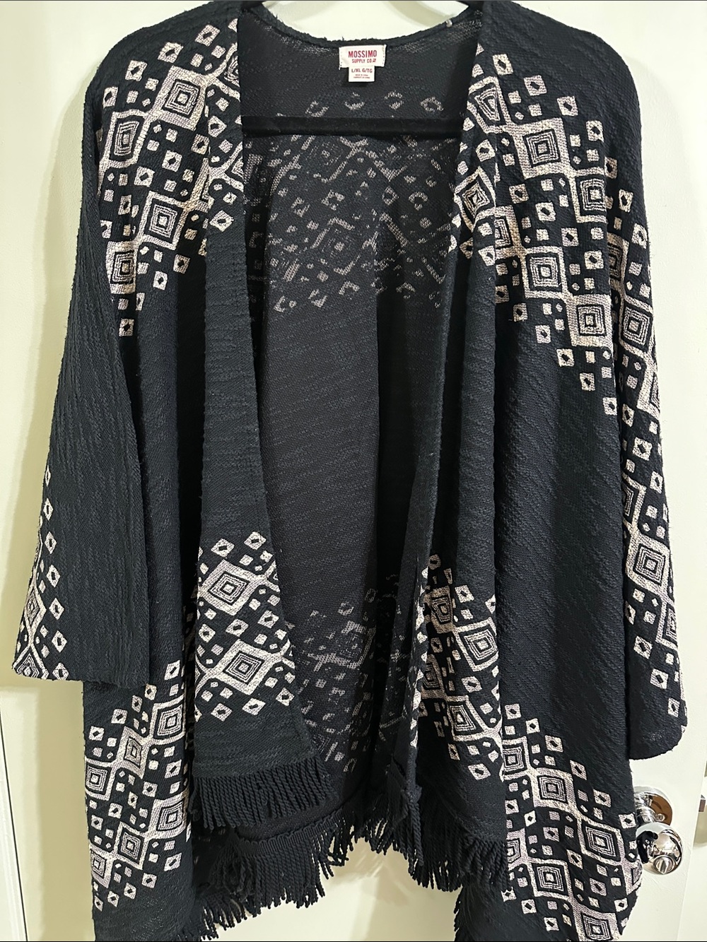 Mossimo Supply Co. Black and Cream Geometric Fringe Open-Front Wrap